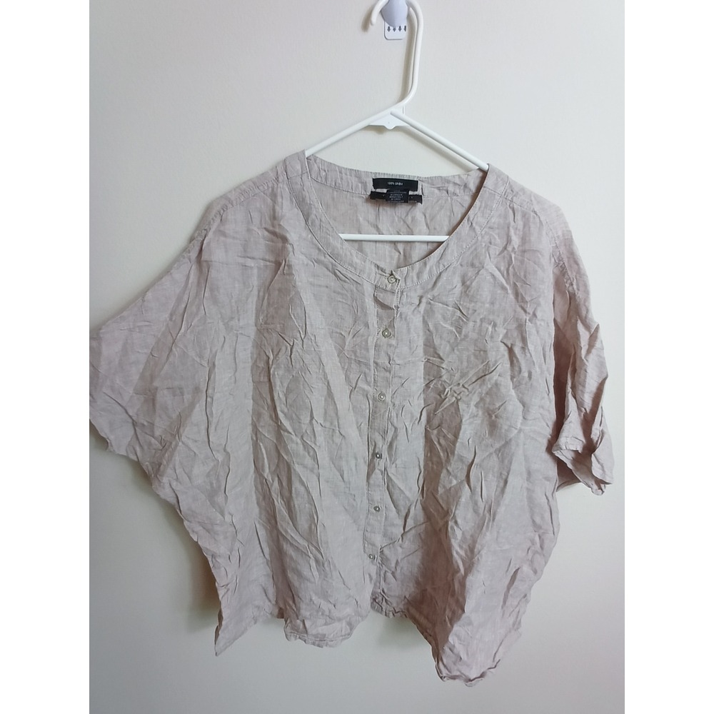 Tahari Linen Blouse Womens Small Beige Excellent Dolman Sleeve Button Up Top